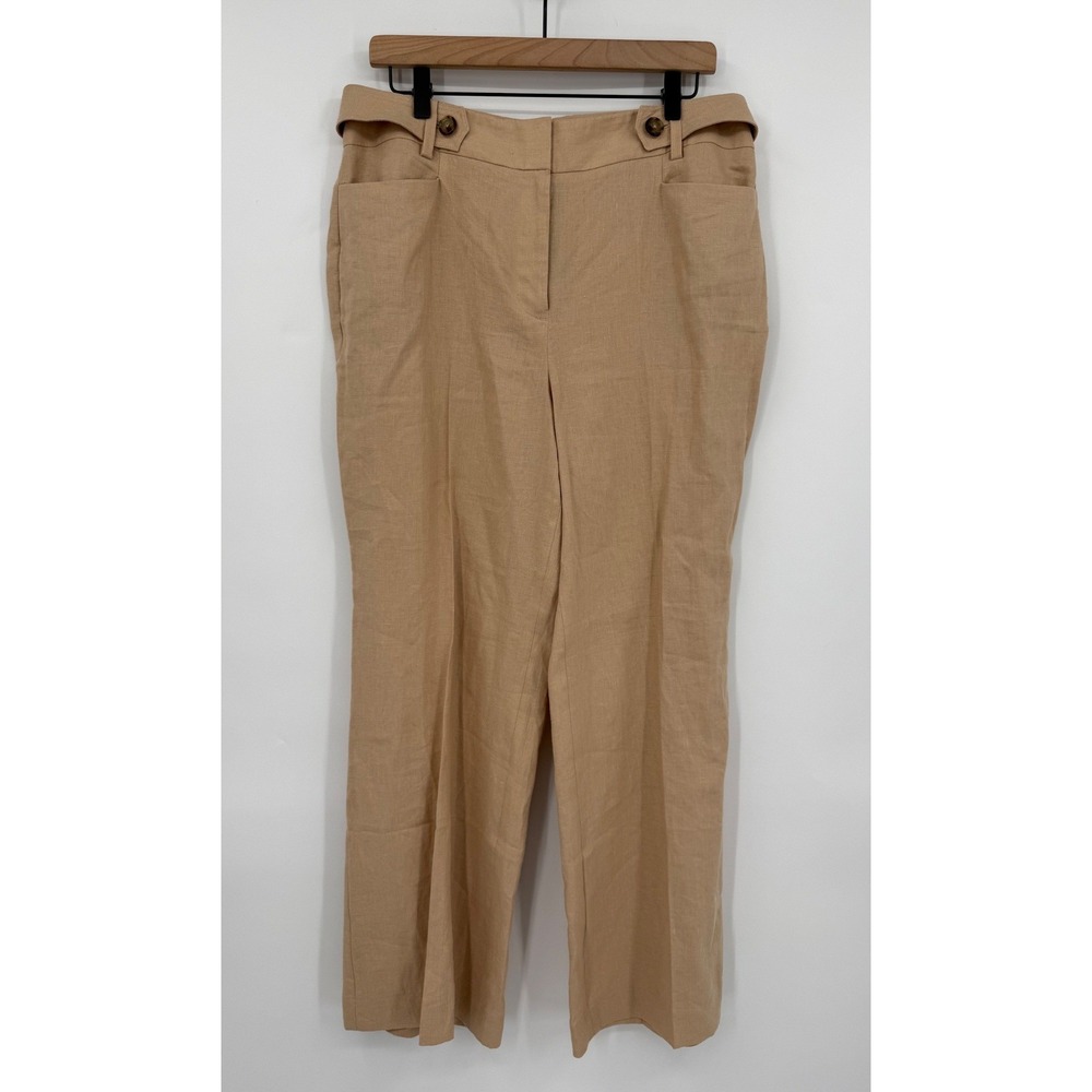 Talbots Pants Womens 12 Petite Tan 100% Linen Wide Leg Trousers Lightweight New
